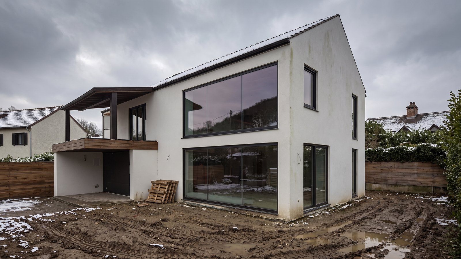 Le modèle M01 en fin de chantier : ciel gris, terrain nu, illustration non contractuelle