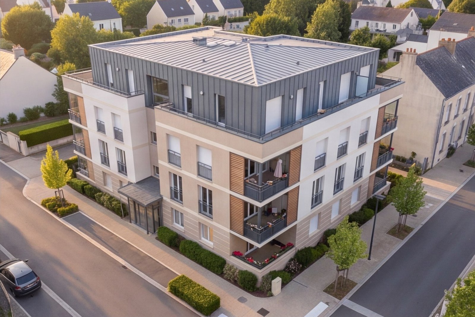 Vue aérienne d'implantation de la résidence R01 sur son îlot, illustration non contractuelle