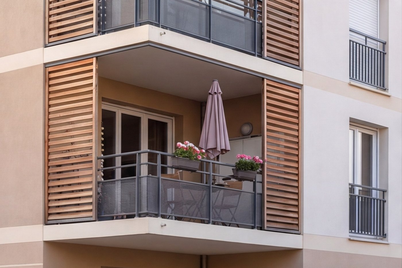 Balcon d’un appartement de la résidence R01, parasol et jardinières, illustration non contractuelle