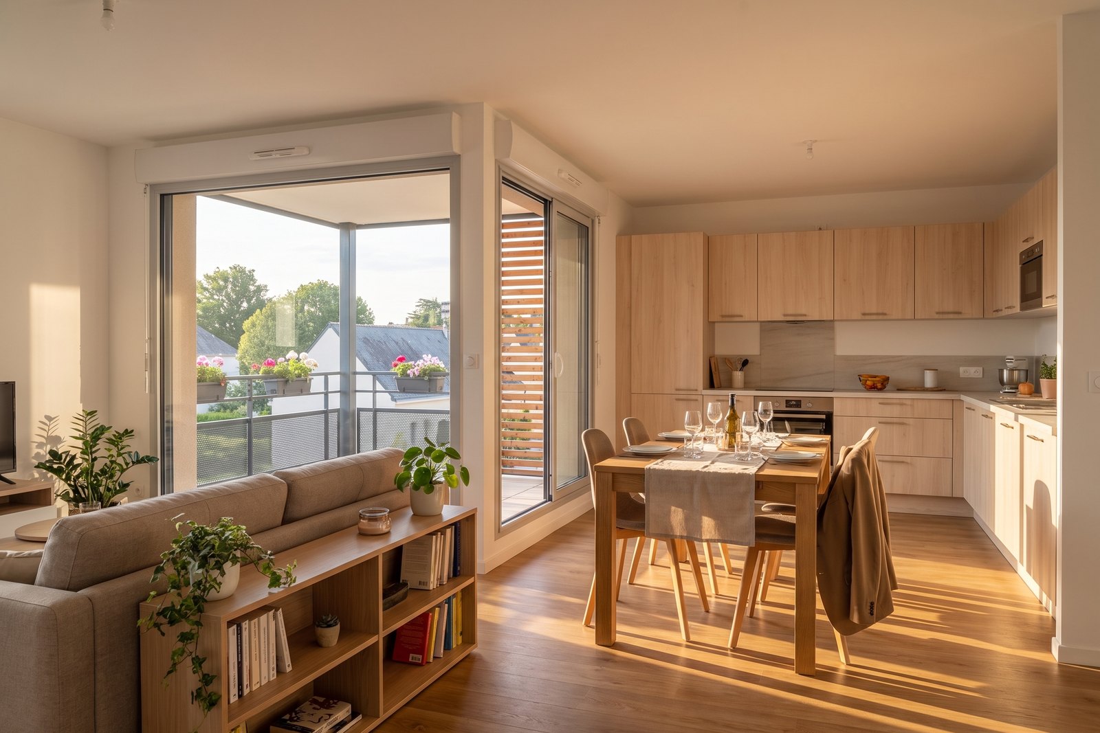 Séjour d'un appartement de la résidence R01, ouvert sur la loggia en fin de journée, illustration non contractuelle